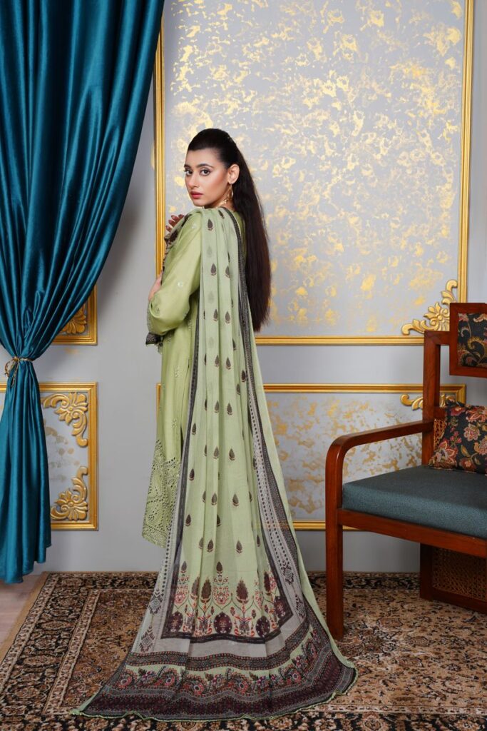 Elegant woman in traditional Pakistani attire in a stylish indoor setting.