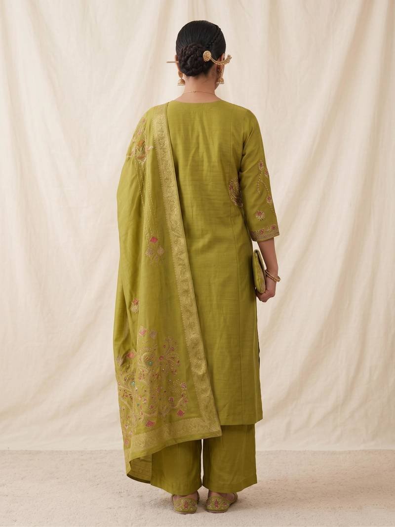 Olive Green Embroidered Kurta Palazzo Set for Women - Image 2