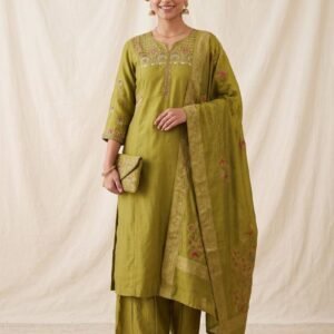 Olive Green Embroidered Kurta Palazzo Set for Women