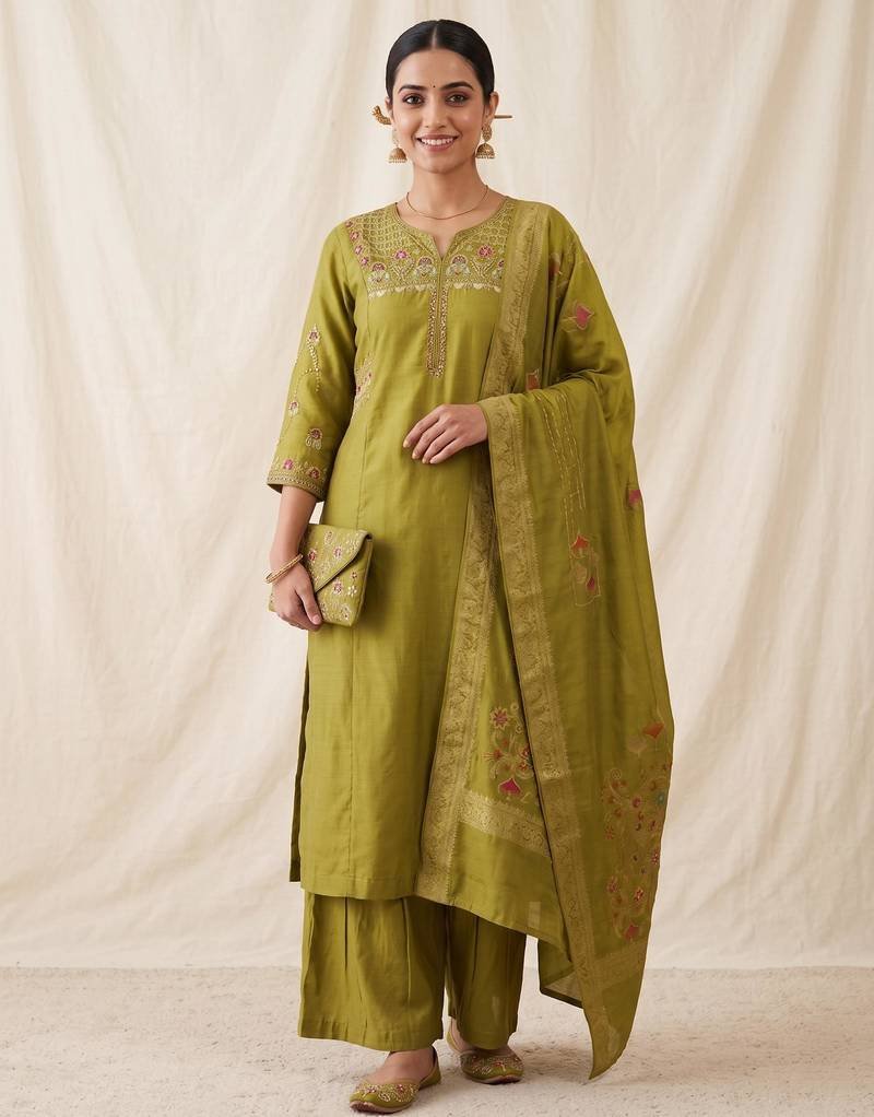 Olive Green Embroidered Kurta Palazzo Set for Women